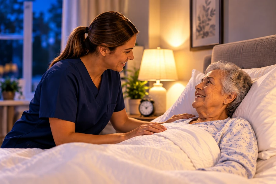 Overnight caregiver comforting an elderly woman resting in bed at home